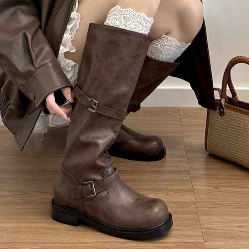 Vintage fivela de cinto feminino joelho botas altas elegante salto baixo deslizamento em sapatos outono inverno senhoras cavaleiro botas longas