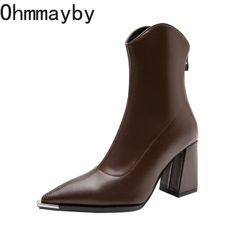Botas de tornozelo femininas de dedo apontado moda zíperes traseiros botas curtas senhoras elegante quadrado salto alto calçados femininos de inverno
