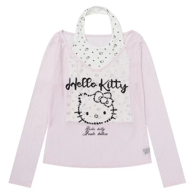 Camisetas Sem Mangas com Decote Halter e Manga Longa Hello Kitty para Mulheres, Blusa de Primavera Verão Sanrio, Novo Estilo Doce em Duas Peças