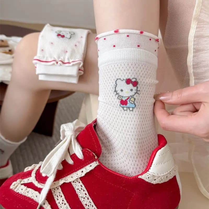 Meias Hello Kitty com Estampa de Anime e Desenho Animado Sanrio Kawaii, Meias de Verão Vazadas Respiráveis e Absorventes de Suor, Presente de Feriado para Meninas