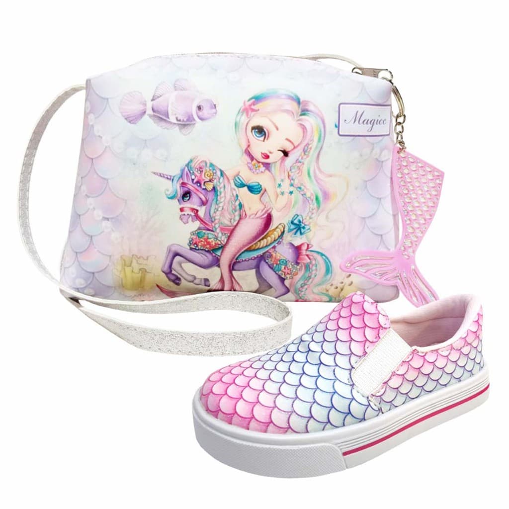 Kit infantil feminino bolsa e tênis com estampa de sereia e unicórnio, Magicc Kids