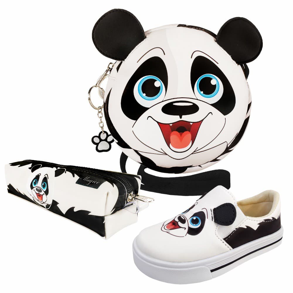 Kit infantil feminino com bolsa, tênis e estojo com estampa de panda