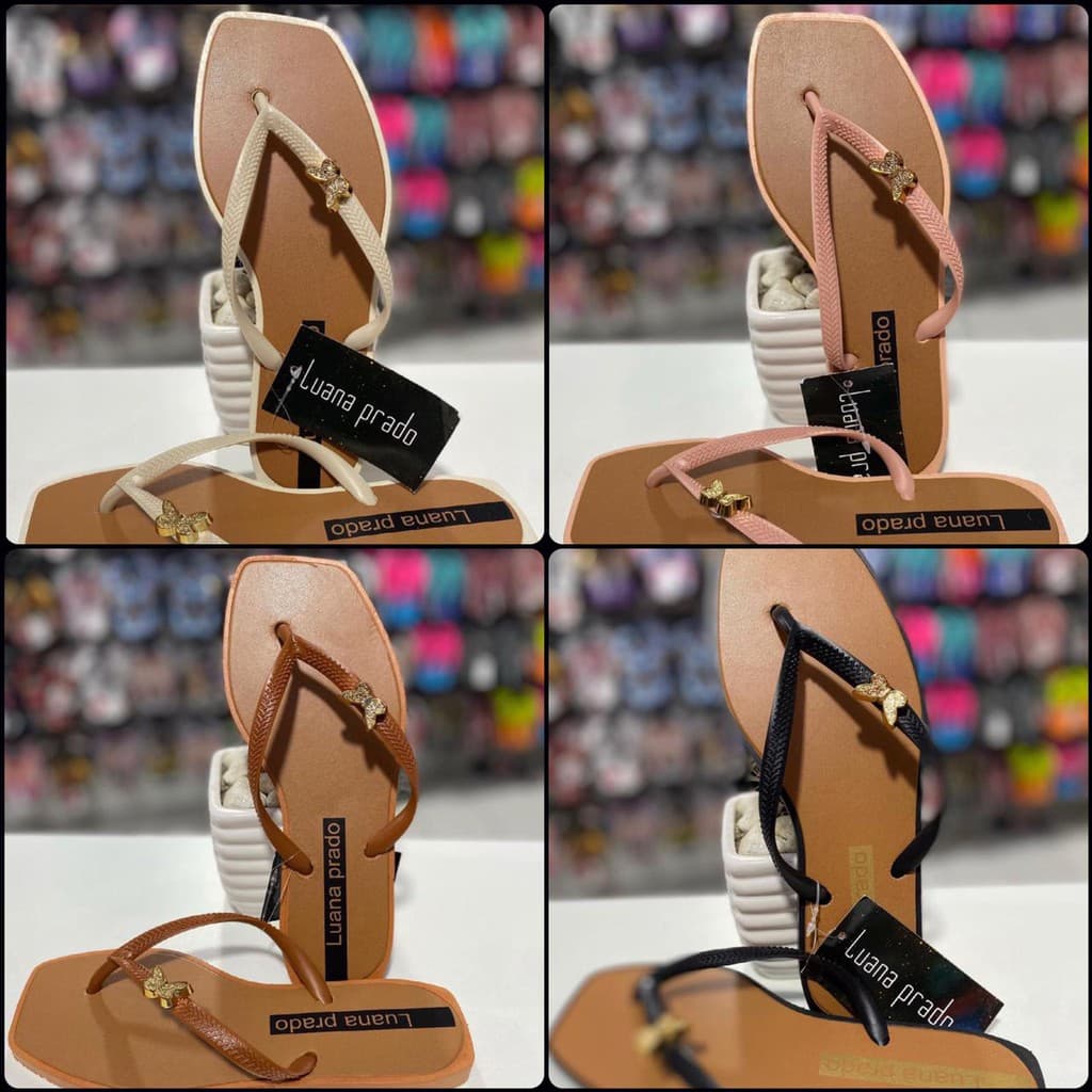 Colagem de quatro sandálias rasteiras femininas, marca Luna Prado, em diferentes cores.