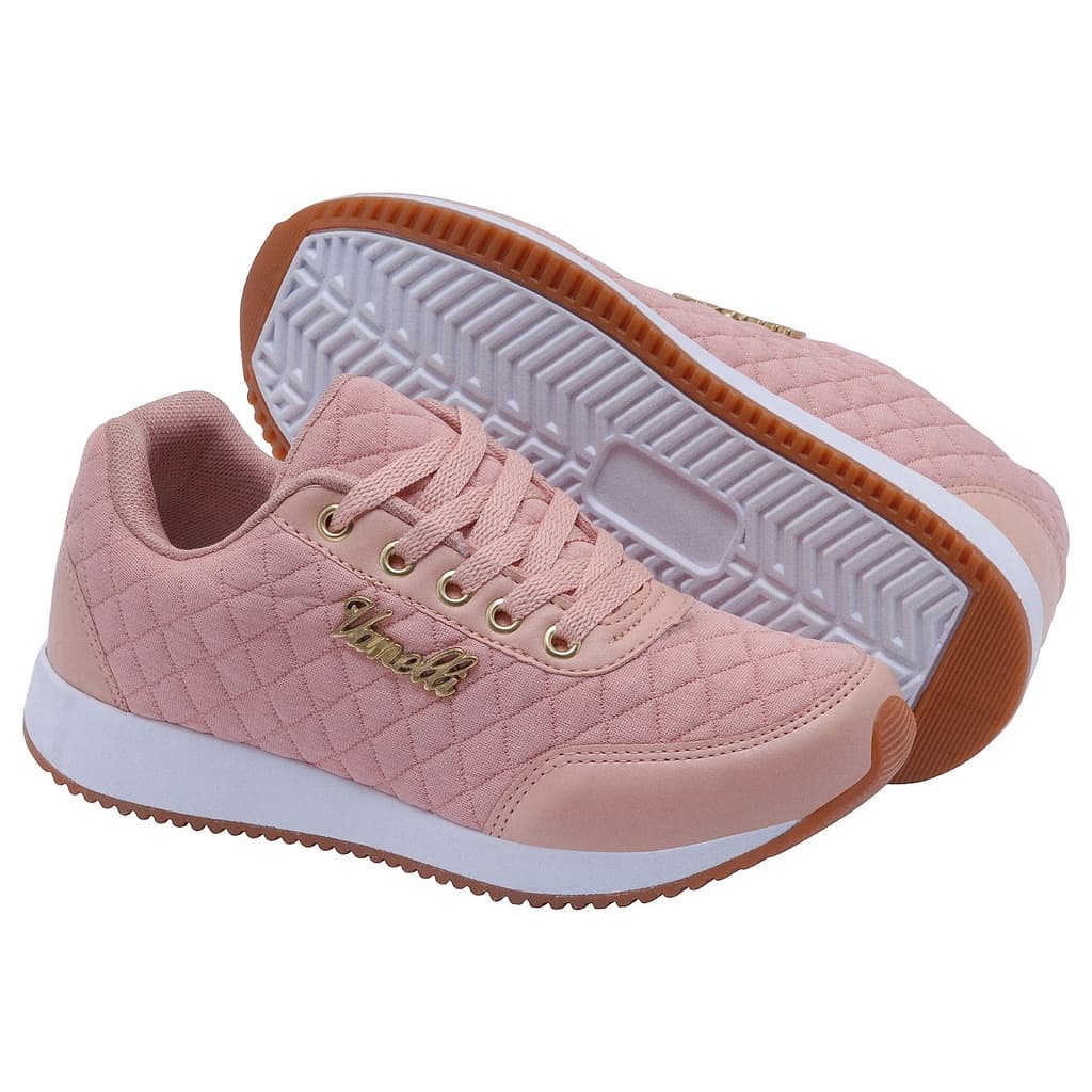 Tênis feminino rosa com acabamento quilted e solado branco e marrom, tênis Vanelli