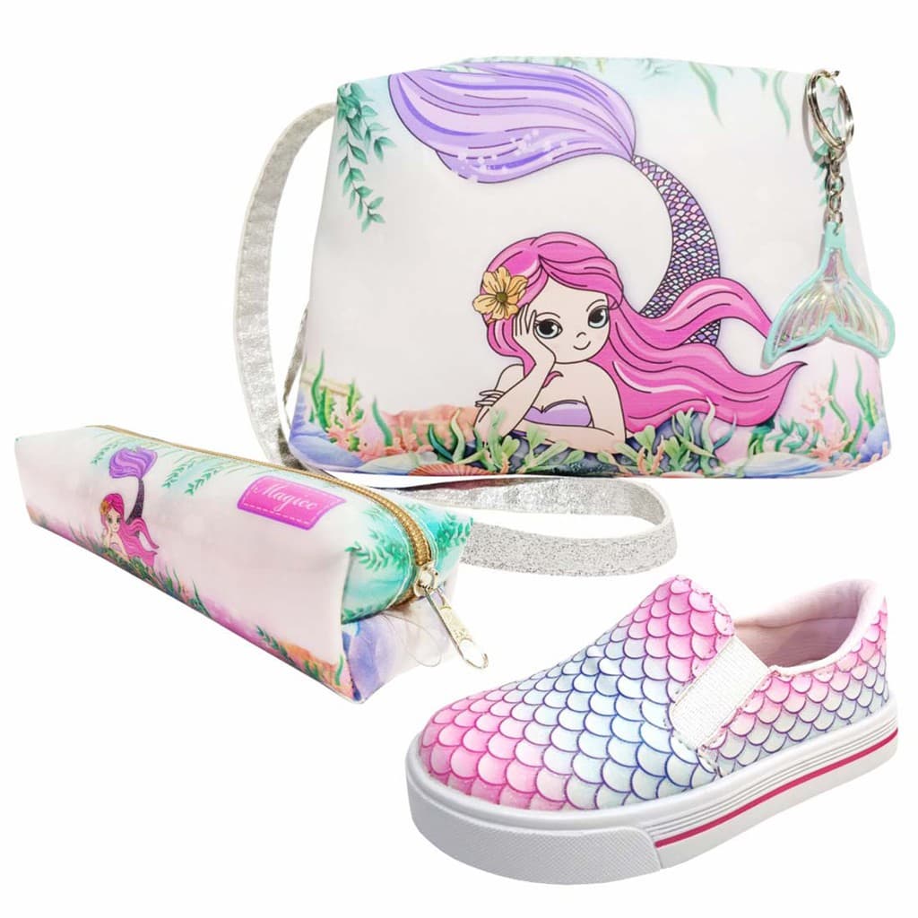 Kit infantil feminino com bolsa, estojo e tênis de sereia, cores rosa e azul