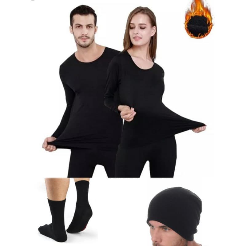 Kit roupa Térmica  4 Peças  1 Blusa  1 Calça  1 Touca 1 par Meia térmica  Masculino  Feminina  Adulto  Conjunto Flanelado Touca lã tricô Meias termica inverno frio neve
