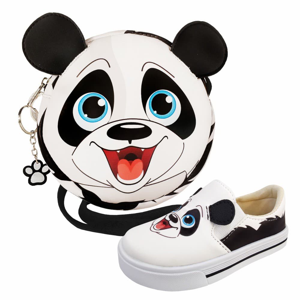 Kit infantil feminino com bolsa e tênis estampa panda, branco com detalhes pretos