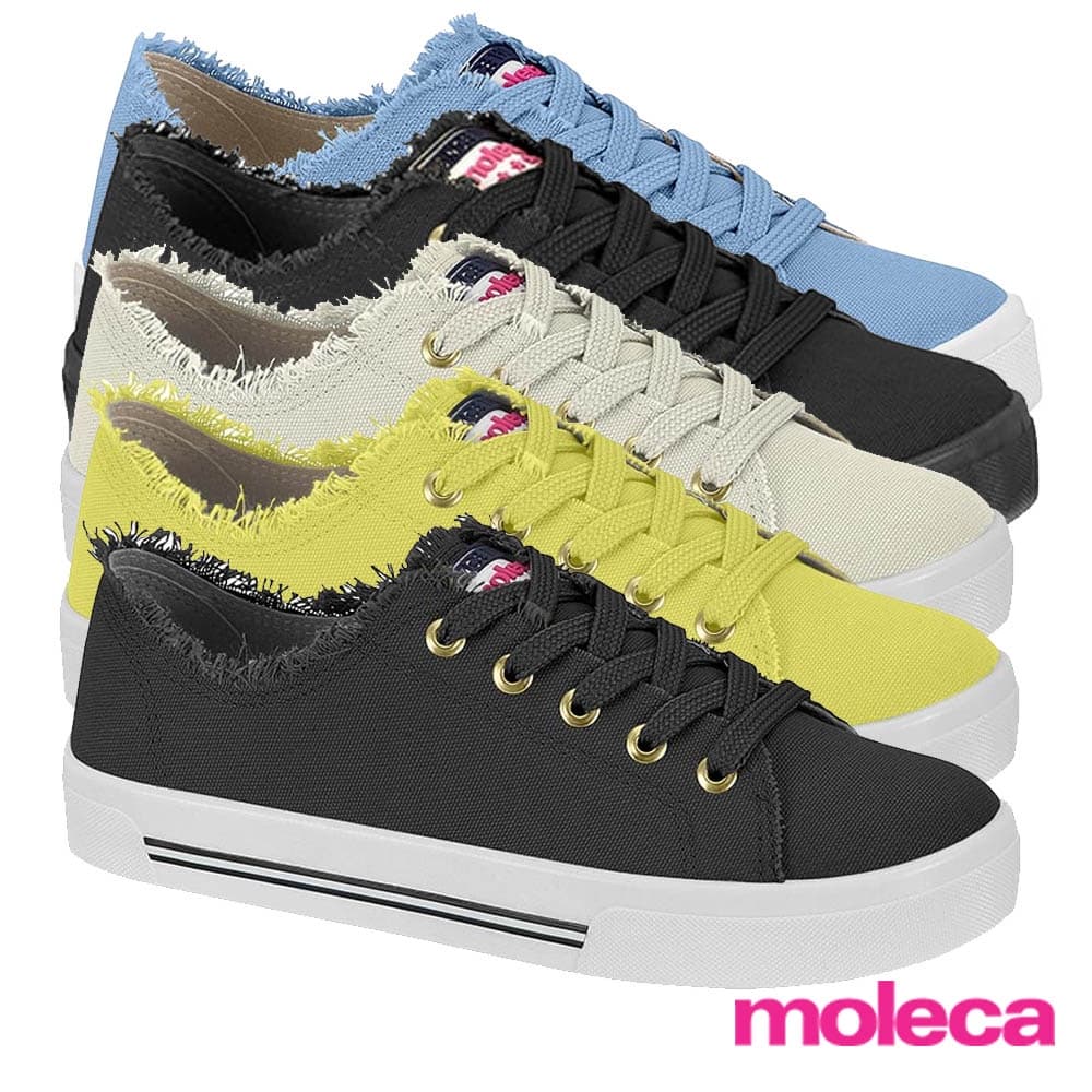 Tênis casual feminino Moleca em cores variadas com cadarço e logotipo na lateral