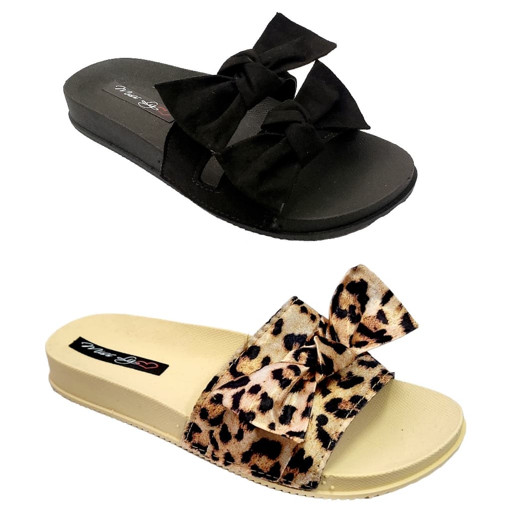 Kit 2 pares de sandálias adulto feminino slide dois laços, preto e leopardo, fundo branco
