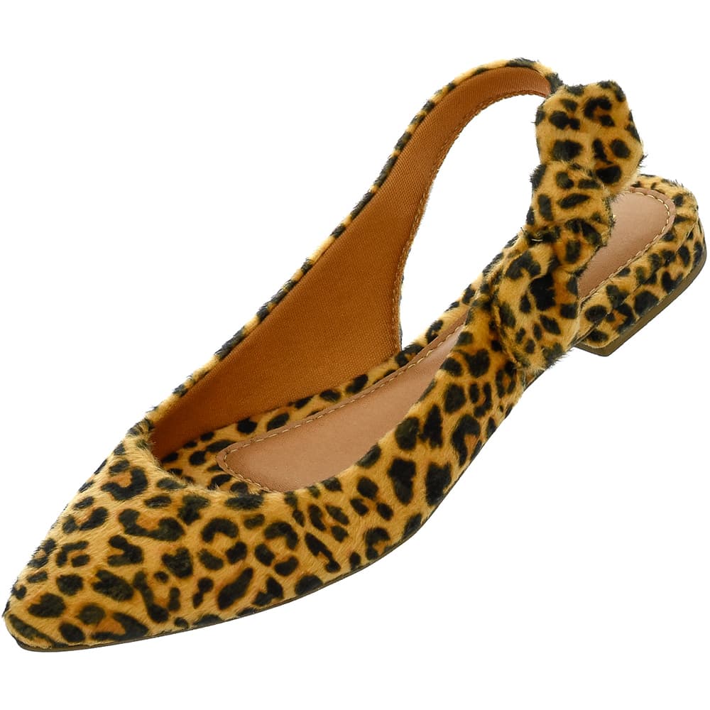 Sapato feminino de salto baixo com estampa de leopardo, tiras com nó lateral, couro sintético, marrom e preto
