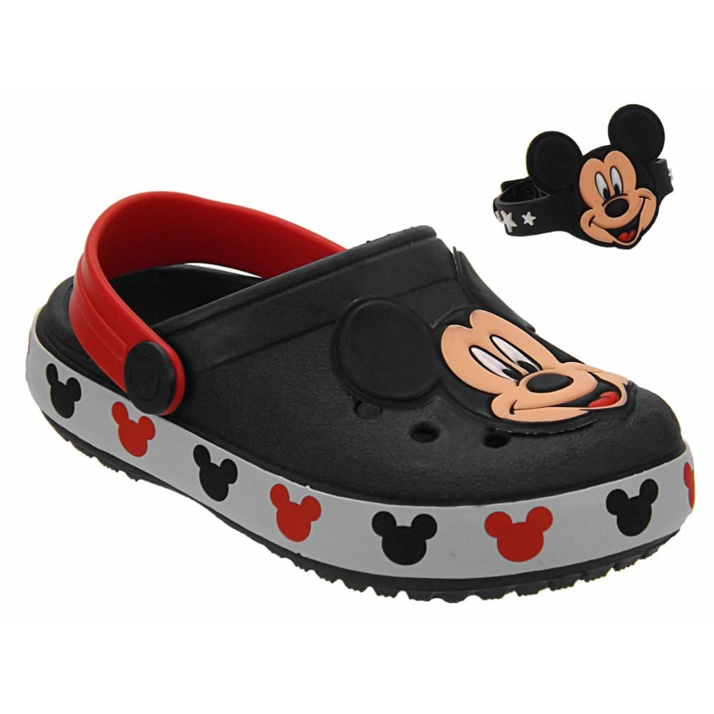 Sandália infantil com estampa de Mickey Mouse, preta com detalhes vermelhos e cinza
