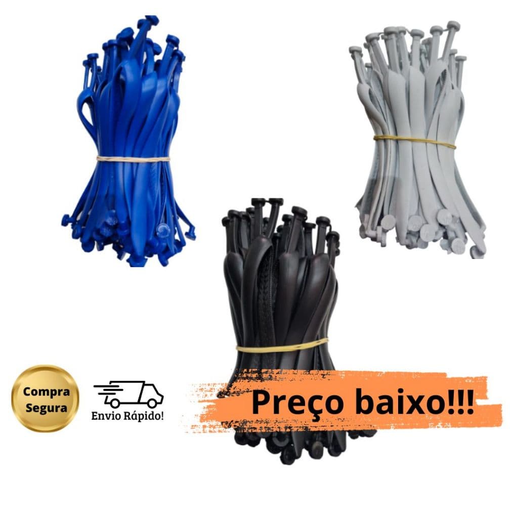Kits de tiras alças para chinelos em azul, preto e cinza, embalados e prontos para compra.