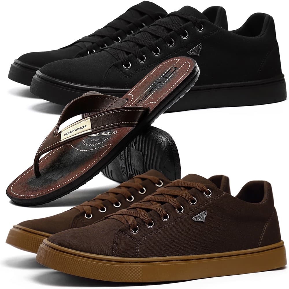 Kit 2 sapatênis casuais masculinos e 1 chinelo confortável, tons de marrom e preto, com logotipo branco.