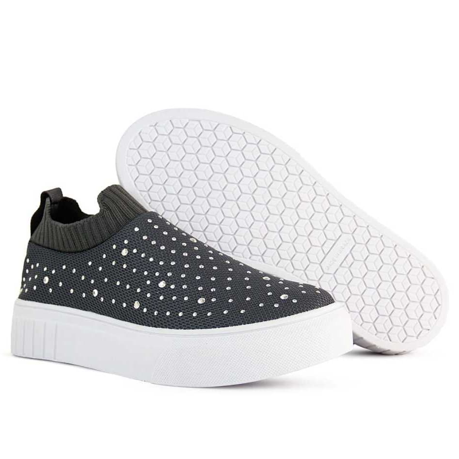 Tênis casual feminino cinza com strass, vista frontal e lateral