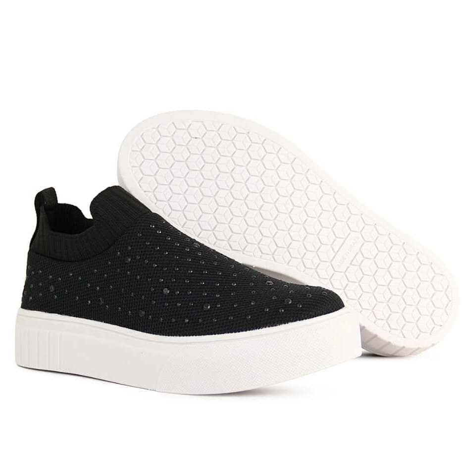 Tênis feminino casual com strass, preto e branco, com solado hexagonado branco