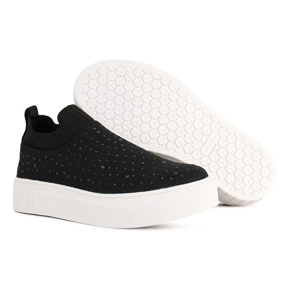 Tênis feminino meia casual com strass, preto e branco, com sola hexagonal