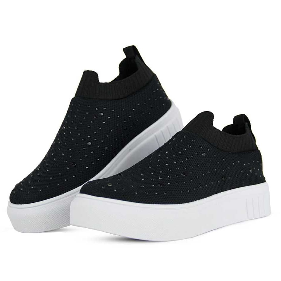Tênis femininos de meia casual pretos com strass, vista frontal e lateral