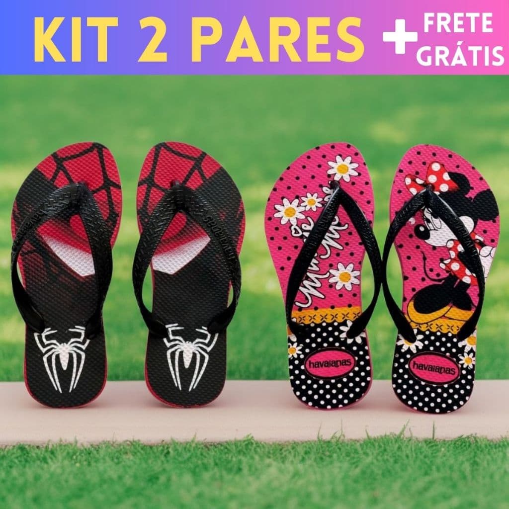 Kit 2 pares de chinelos infantis com personagens de Homem-Aranha e Minnie Mouse