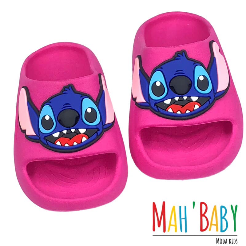 Par de chinelos infantis rosa com estampa de Stitch, personagem de desenho animado, marca MAH'BABY