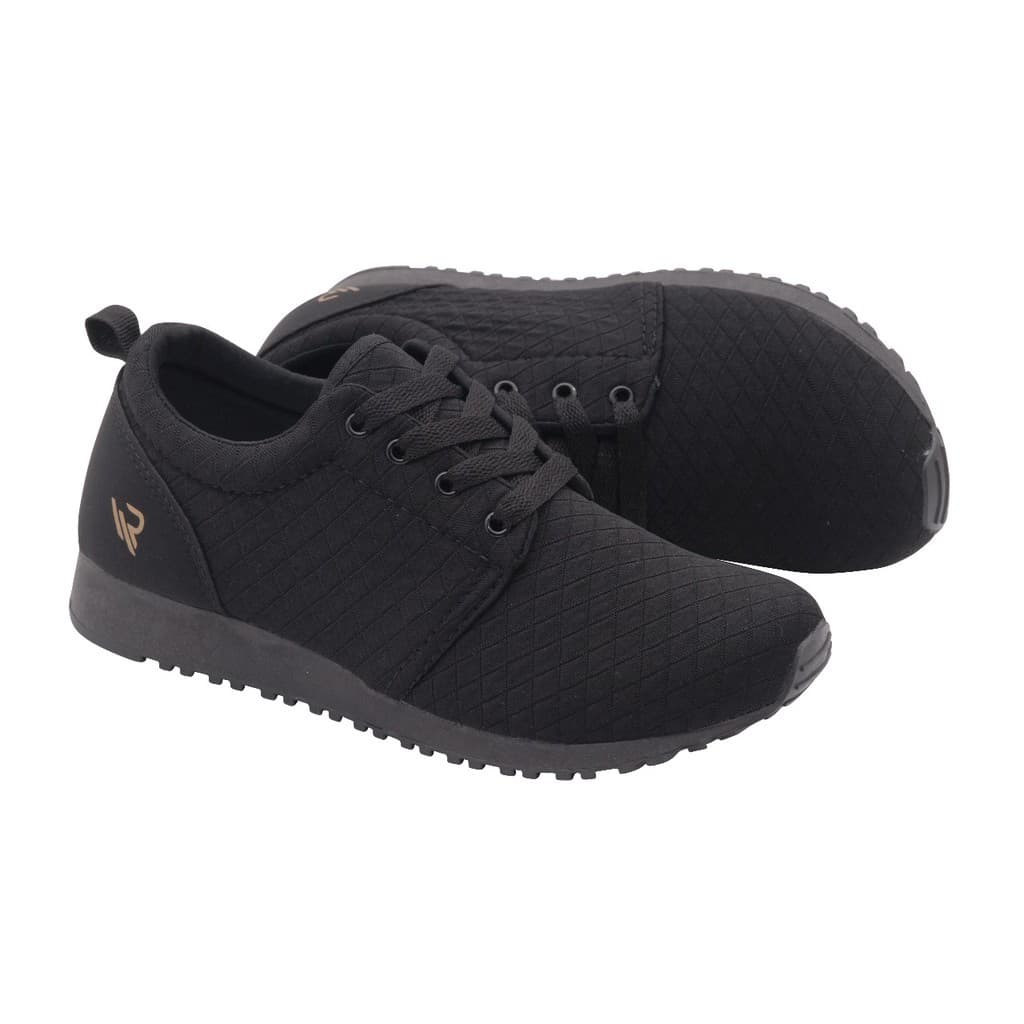 Tênis esportivo feminino preto com logo dourado, cano baixo, sola emborrachada, para caminhada e academia