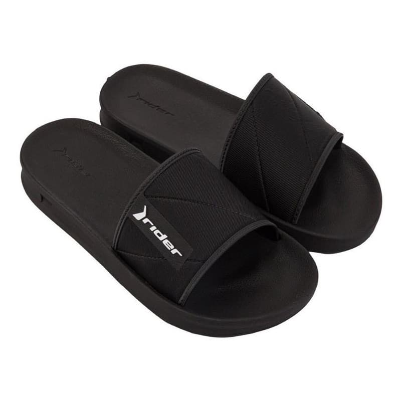 Par de chinelos slide pretos Rider Street com logo branco