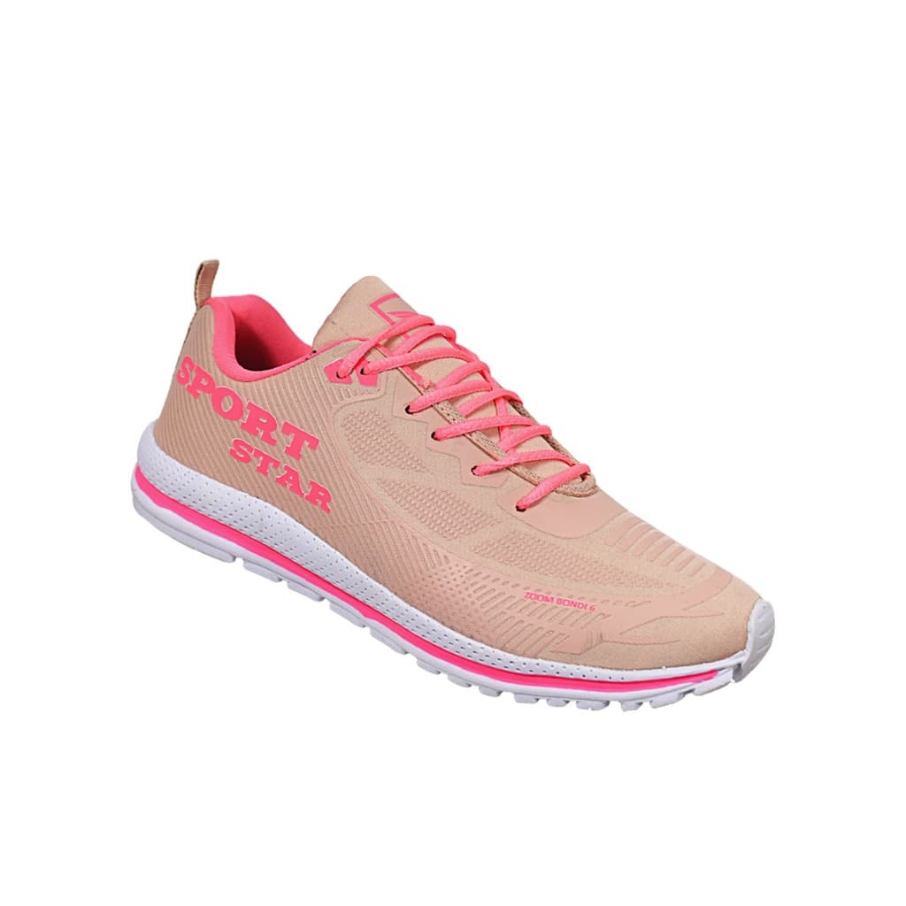 Tênis esportivo feminino bege com detalhes rosa e texto 'SPORT STAR', vista frontal
