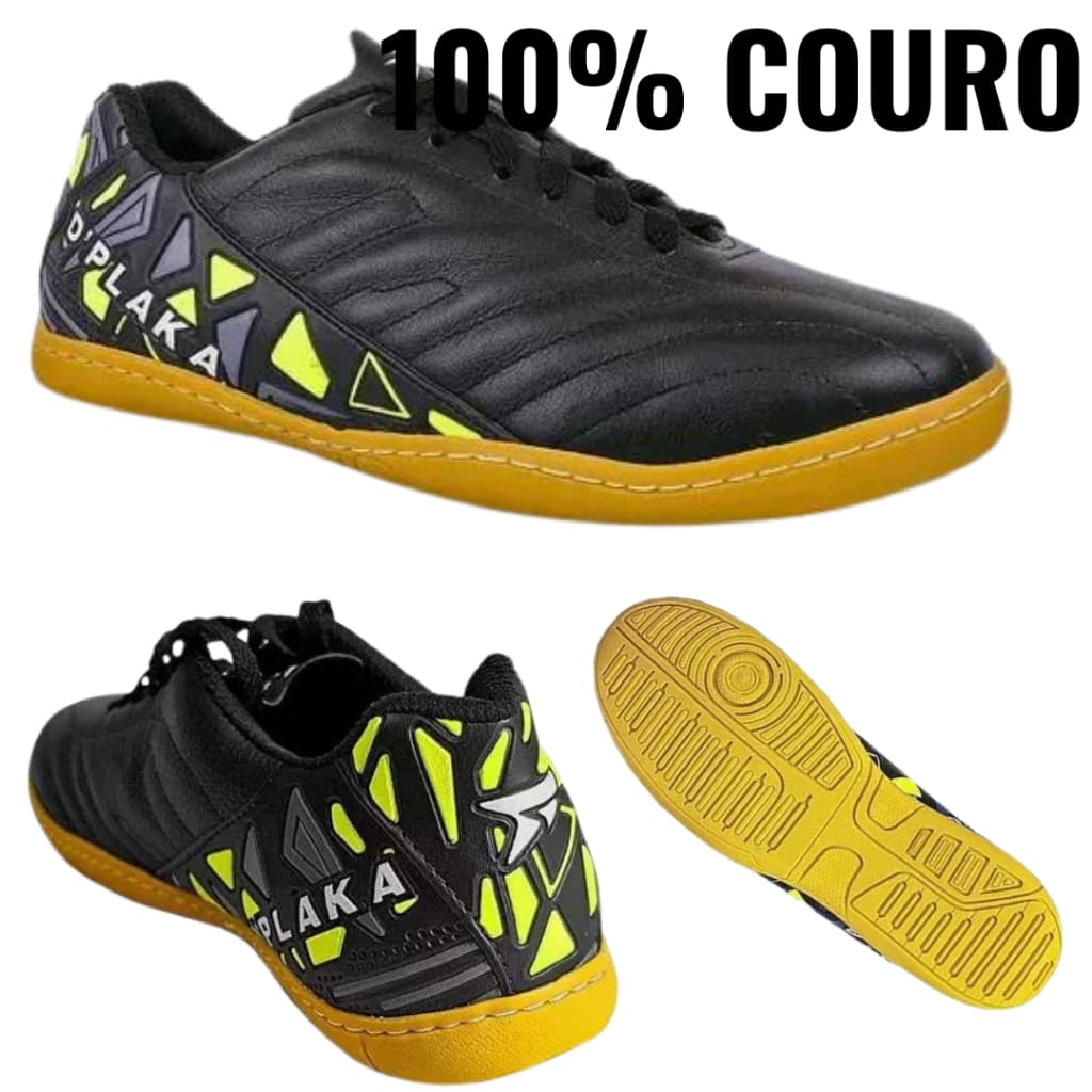 Tenis Chuteira  Futsal de Couro Preta/Limão Tenis de Futsal todo Em couro coro D'Plaka