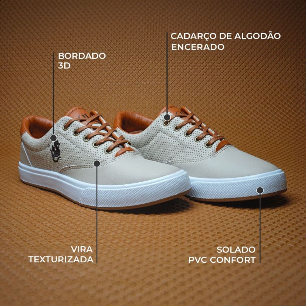 Tênis Masculino Casual Polo Ocean com Detalhes em Couro e Sola Branca