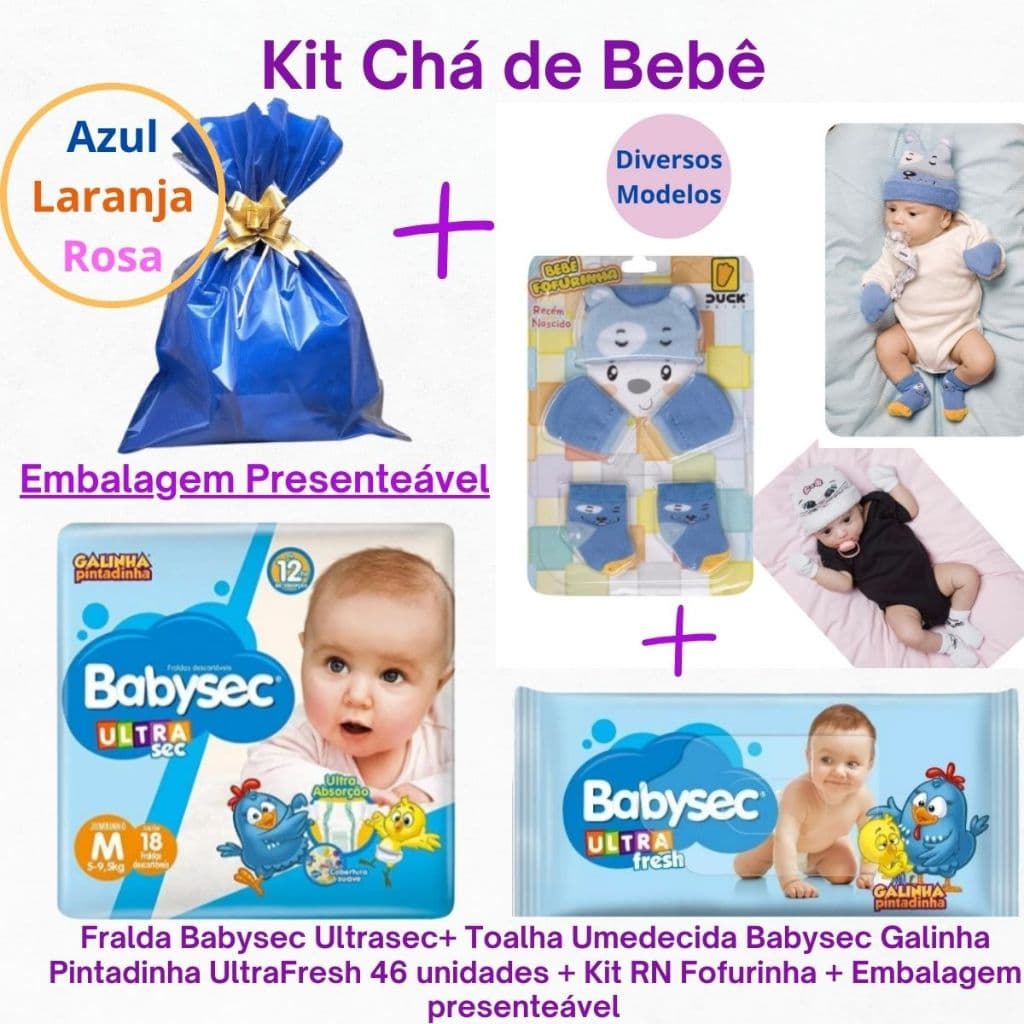Kit Chá de Bebê Fralda Babysec Ultrasec+Toalha Umedecida Babysec Galinha Pintadinha+Mimo Kit RN Meia+Luva+Touca