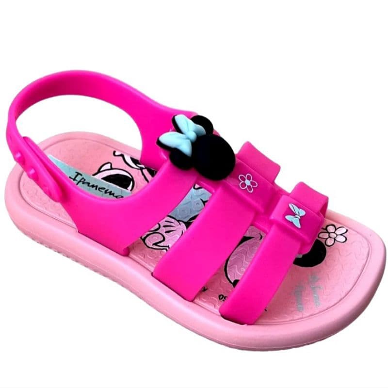 Sandália infantil Minnie Mouse rosa com estampas e flores azul e preto, marca Ipanema