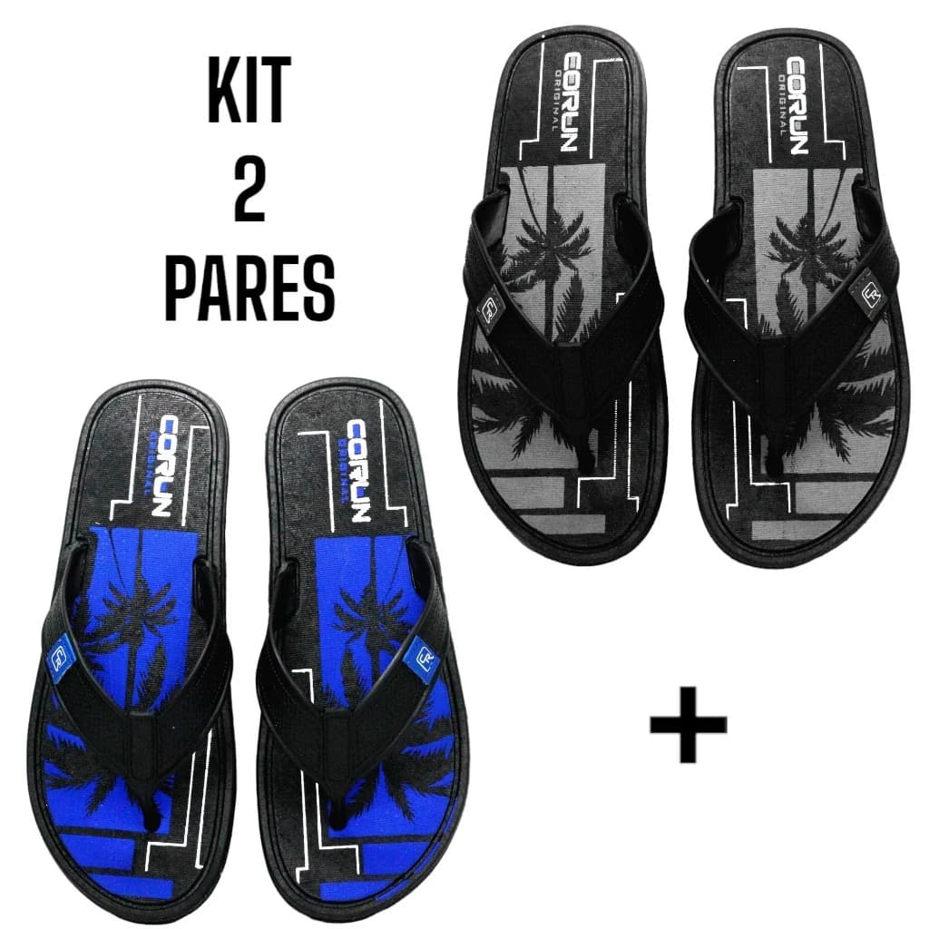 Kit 2 pares de chinelos masculinos pretos com estampa de palmeiras e detalhes em azul
