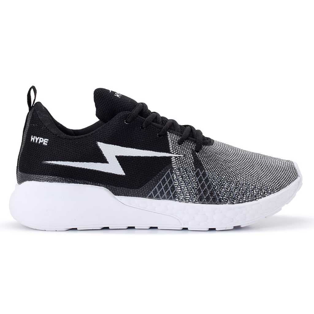 Tênis esportivo Hype preto e branco para homem e mulher, leve e confortável para caminhada e academia.
