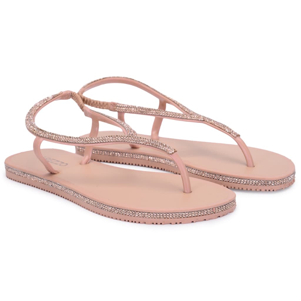 Sandálias femininas rosa com strass prateados e solado liso