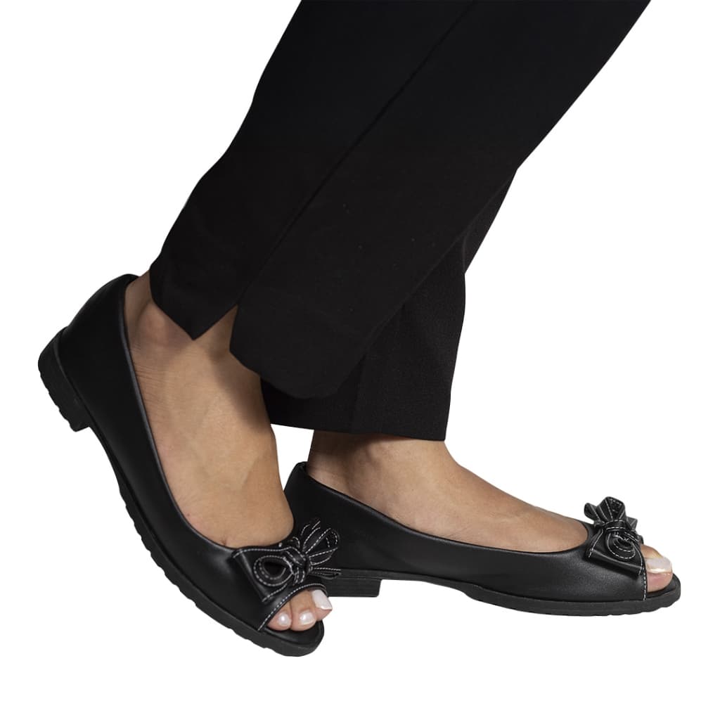 Peep Toe Com Laço Preto Sapatilha Feminina Aberta Confortável Sola Macia Sandália Flats Elegante