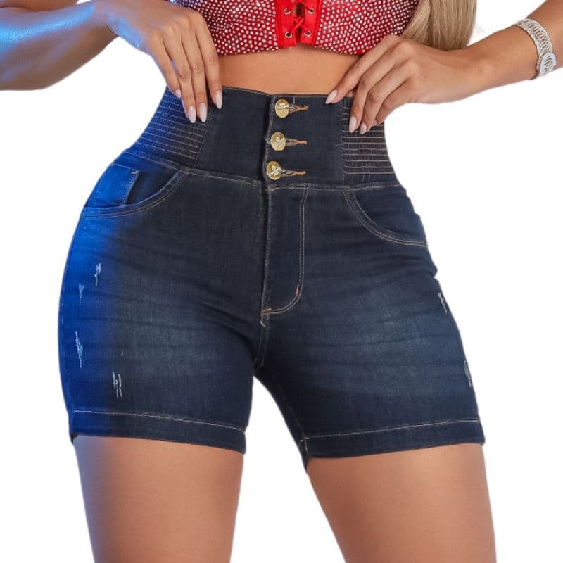 Short jeans feminino meia coxa modelador versátil casual cós cintura alta Jeans PREMIUM LAYCRA empina bumbum