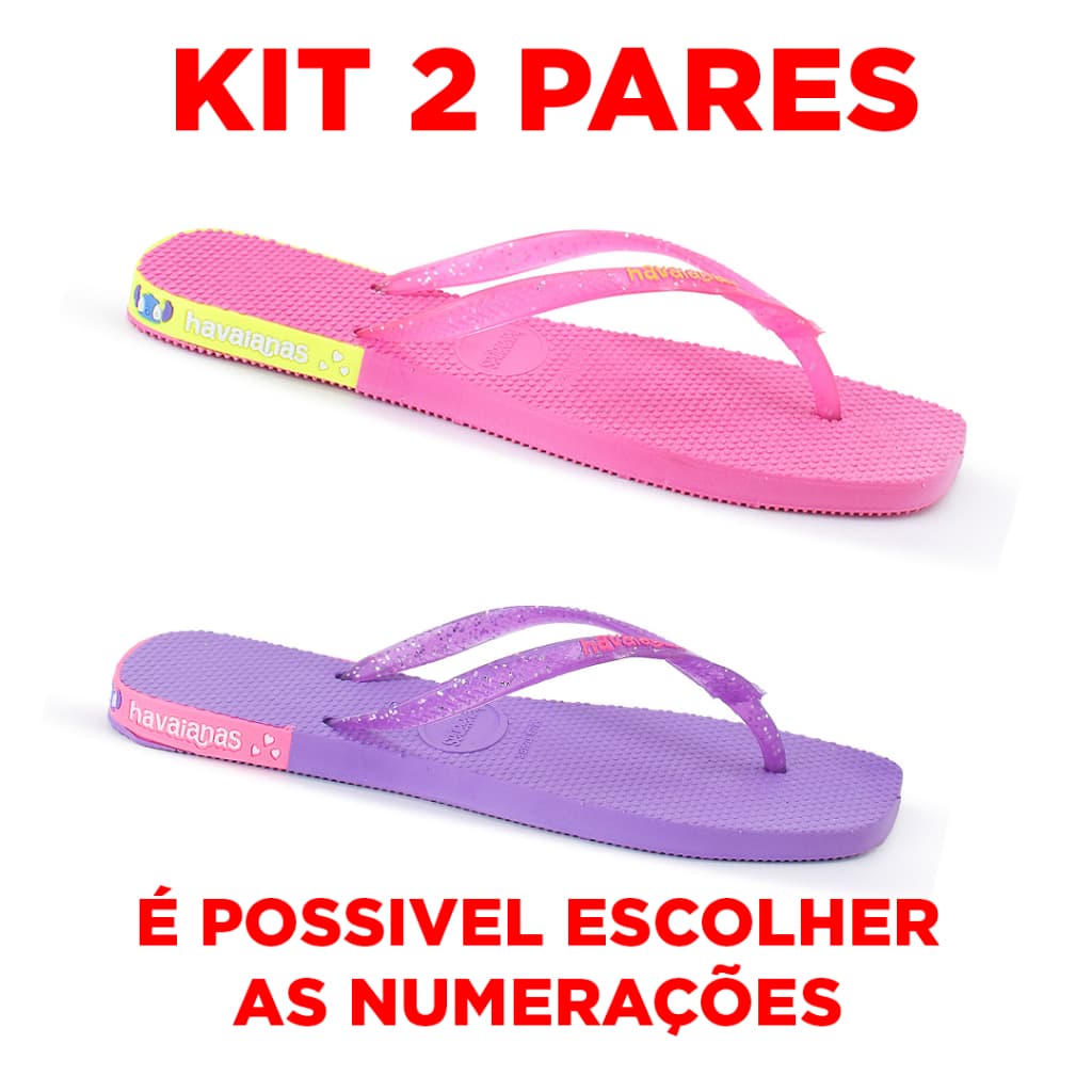 Kit chinelos Havaianas femininos originais, dois pares, um rosa e um lilás, com acabamento brilhante e etiquetas coloridas.