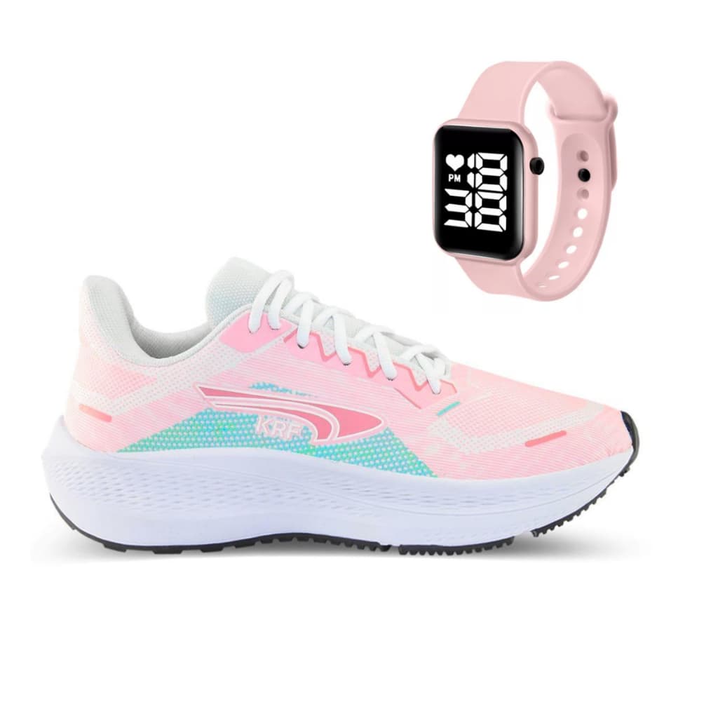 Tênis feminino rosa e branco com smartwatch rosa