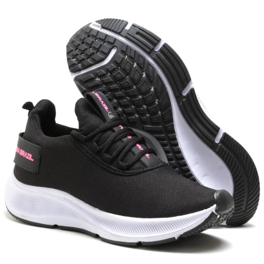 Tênis esportivo feminino preto e branco com detalhes rosa