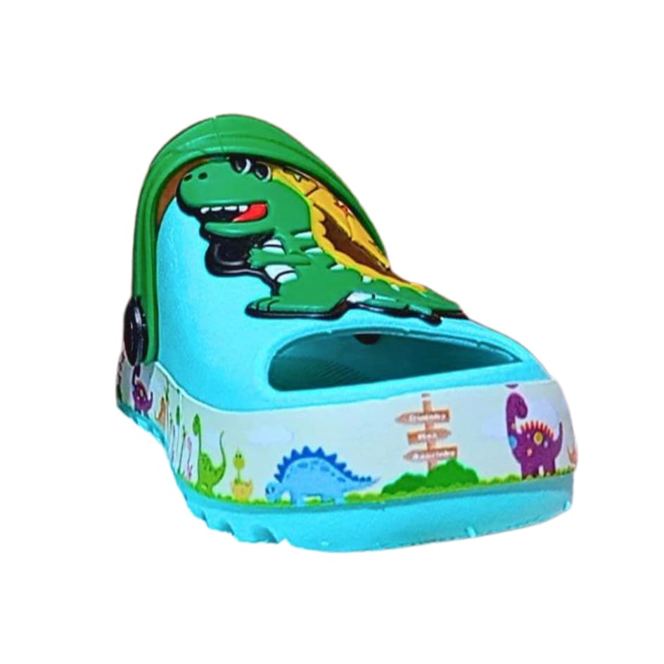 Sandália infantil menino com estampa de dinossauro azul e verde