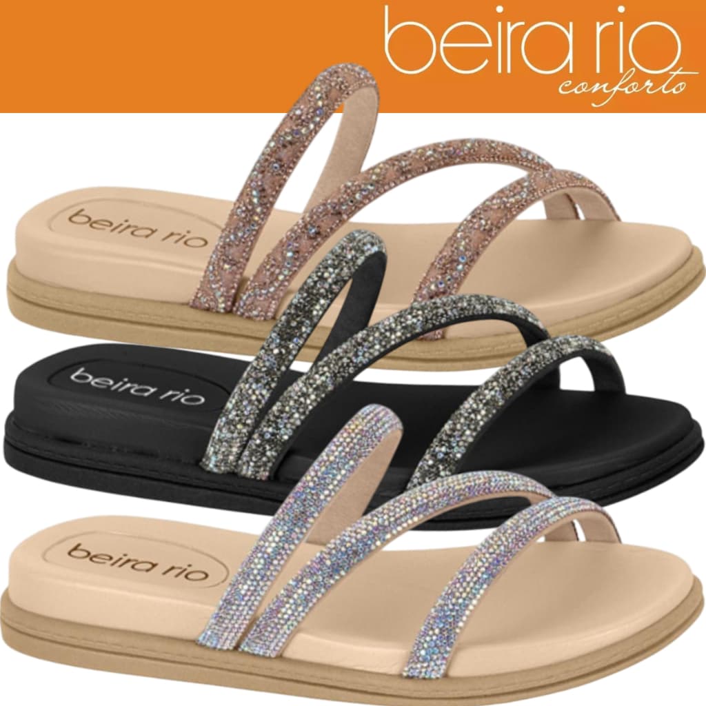 Sandalia Rasteira Beira Rio 3 Strass Original Feminino Conforto Papete Sandalia Conforto