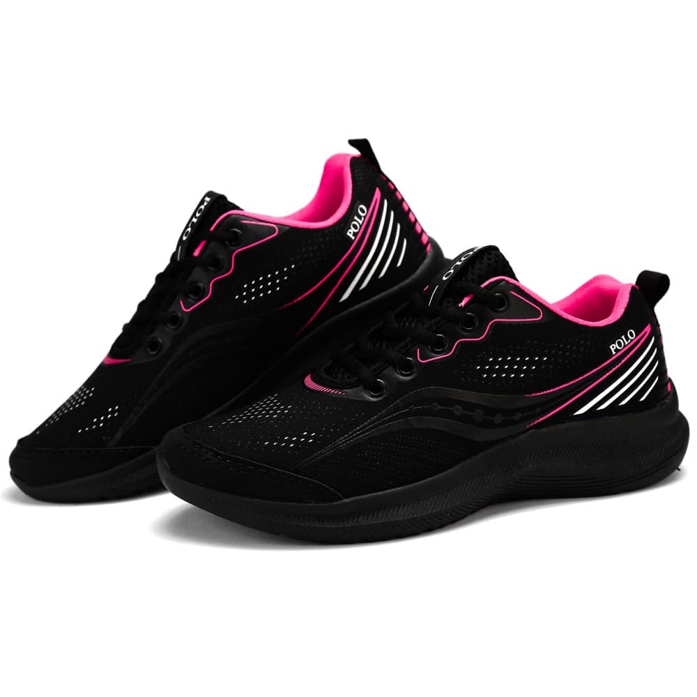 Tênis esportivo feminino preto e rosa com logo POLO, sola preta e detalhes em branco
