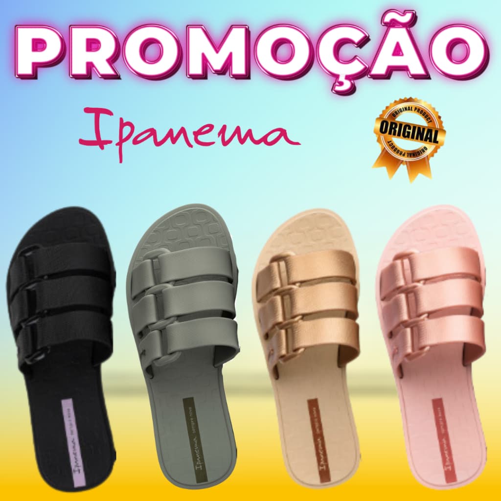 Promoção chinelos femininos Ipanema Bold em preto, cinza, dourado e rosa