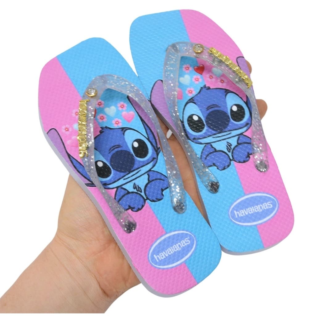 Sandálias infantis com estampa de Stitch da Disney, sola azul e rosa, alça de plástico transparente com glitter