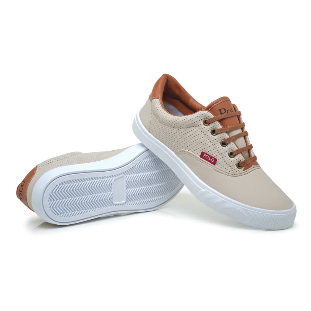 Tênis Masculino Polo Casual Bege com Detalhes Marrom