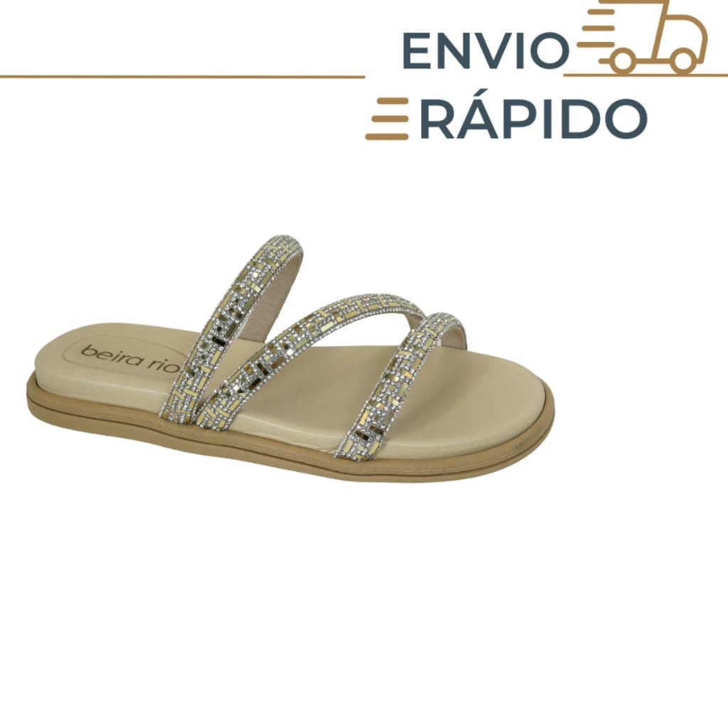 Sandália Rasteira Feminina Beira Rio Brilho Conforto Tiras | Sandalia Mujer Plana Brillante Cómoda