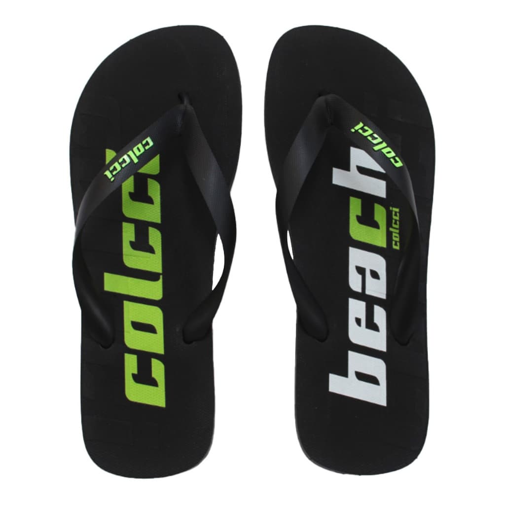 Chinelos Masculinos Colcci Techfit Maxi Logo Beach, Preto com Logo Neon Verde e Branco