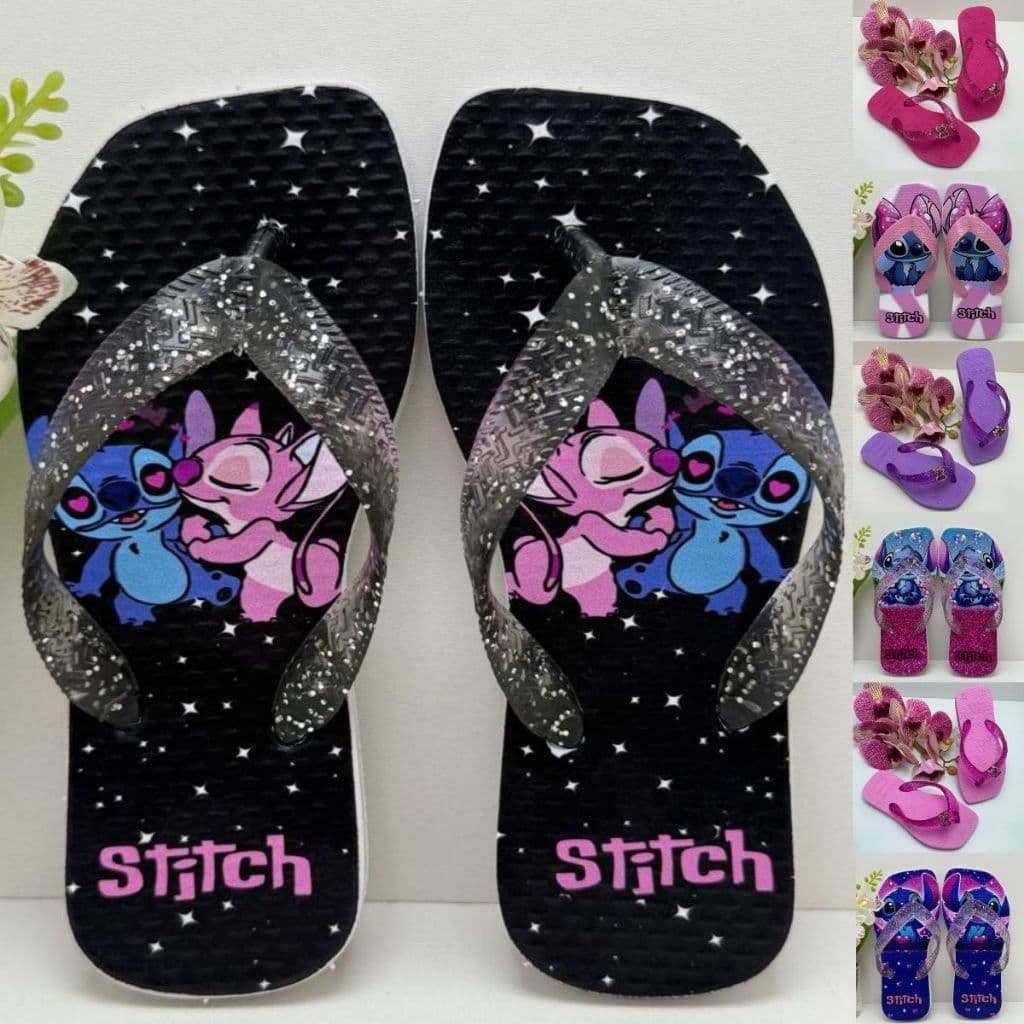 Chinelos infantis femininos com estampa de Lilo e Stitch, preto com glitter prateado e rosa