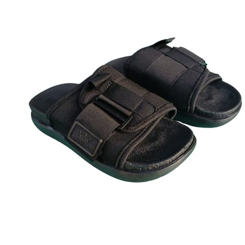 Chinelo infantil slide unissex preto com detalhes verdes e velcro