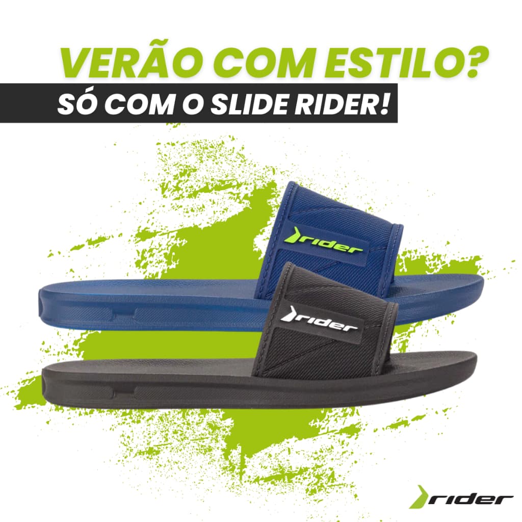 Chinelo infantil Rider Slide Street com sola azul e tira preta, logotipo verde e branco