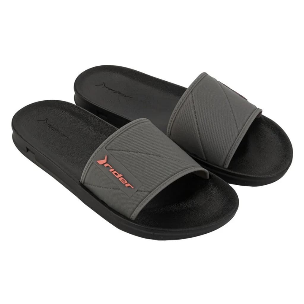 Chinelos masculinos Rider Street Slide cinza e preto com logo vermelho